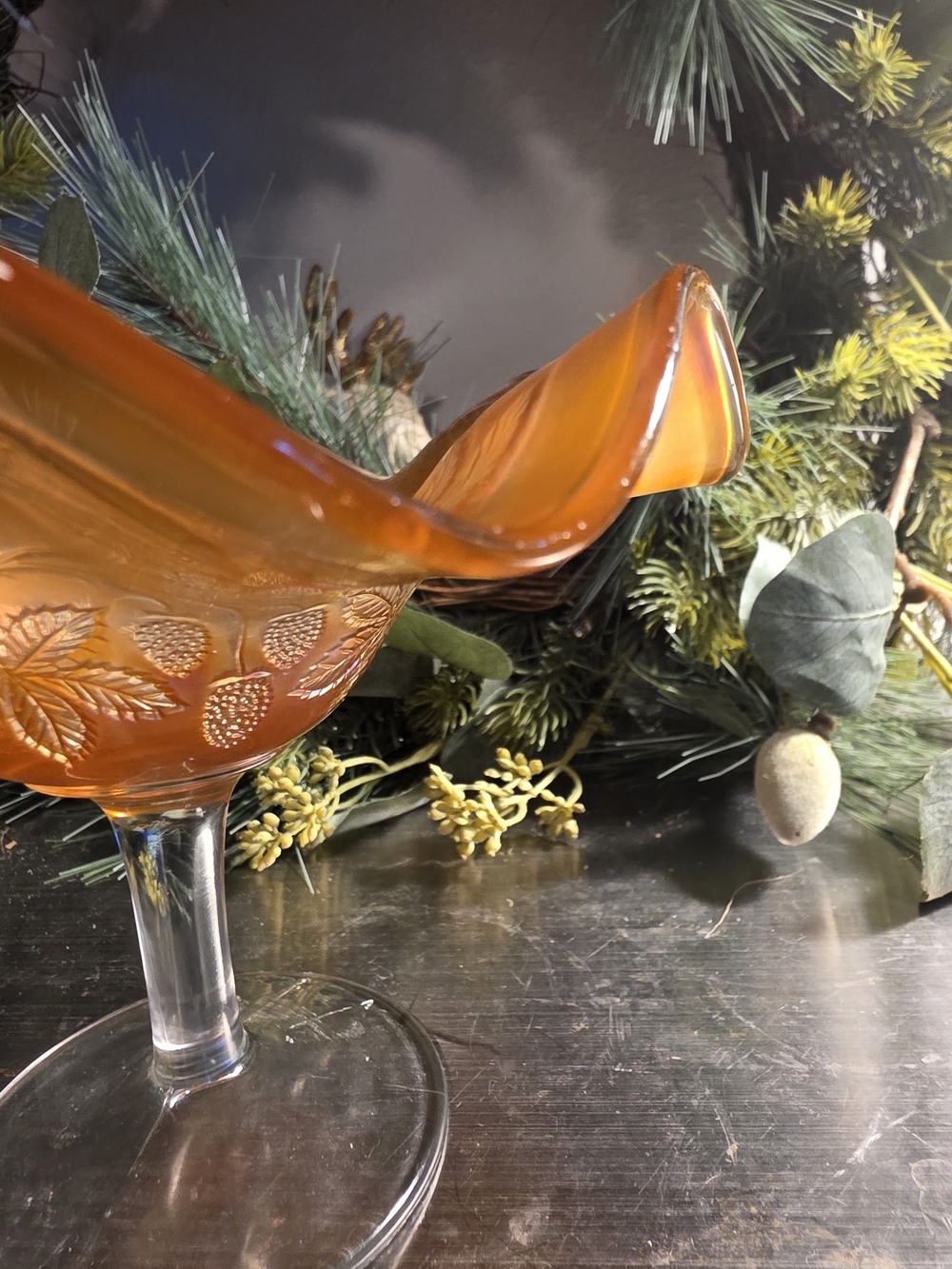 Fenton Orange Iridescent Ruffled Compote with Floral Pattern - Picture 2 of 4